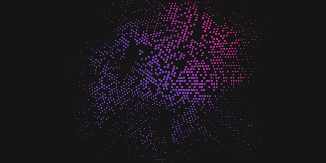 Cluster of purple and pink dots on a black background, forming the shape of a human brain.