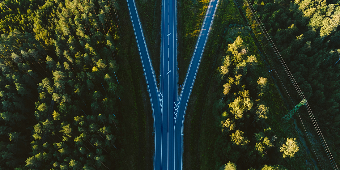 Aerial view of a forked road surrounded by dense forest.