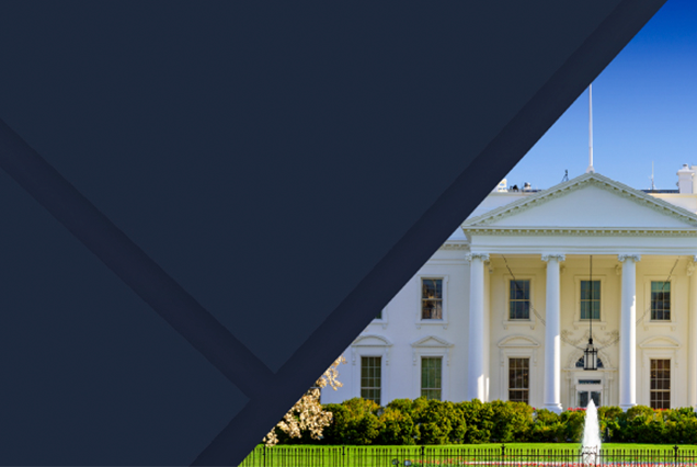 A blue illustration overlaid with a photo of the White House.