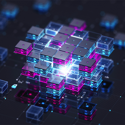 Futuristic digital blocks in pink and blue hues, interconnected on a dark grid.